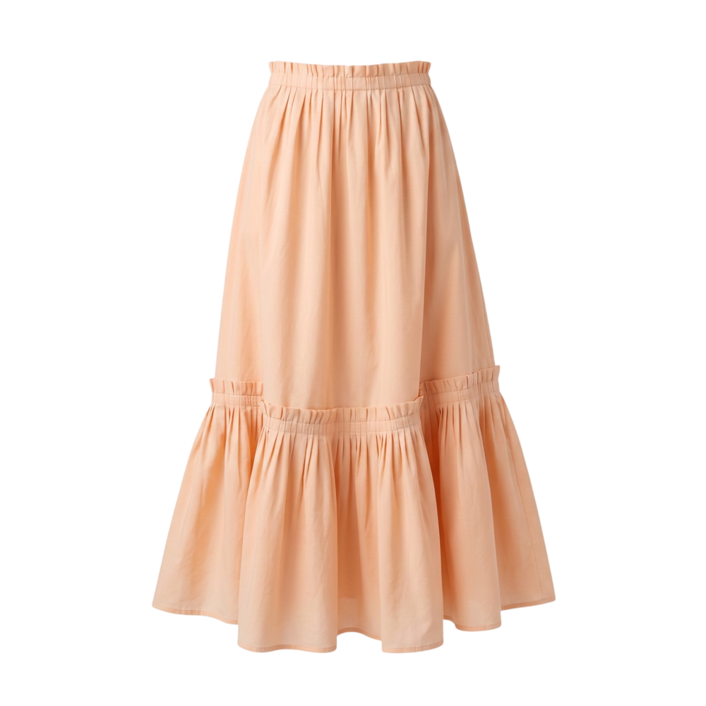 Ulla Johnson peach cotton blend midi skirt with elastic waistband, tiered ruffle